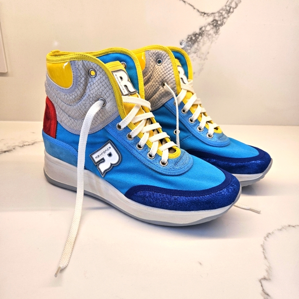 Rucoline Wedge Sneakers Blue Red Yellow Size US 8 / 38EU Rare Womens Shoes New